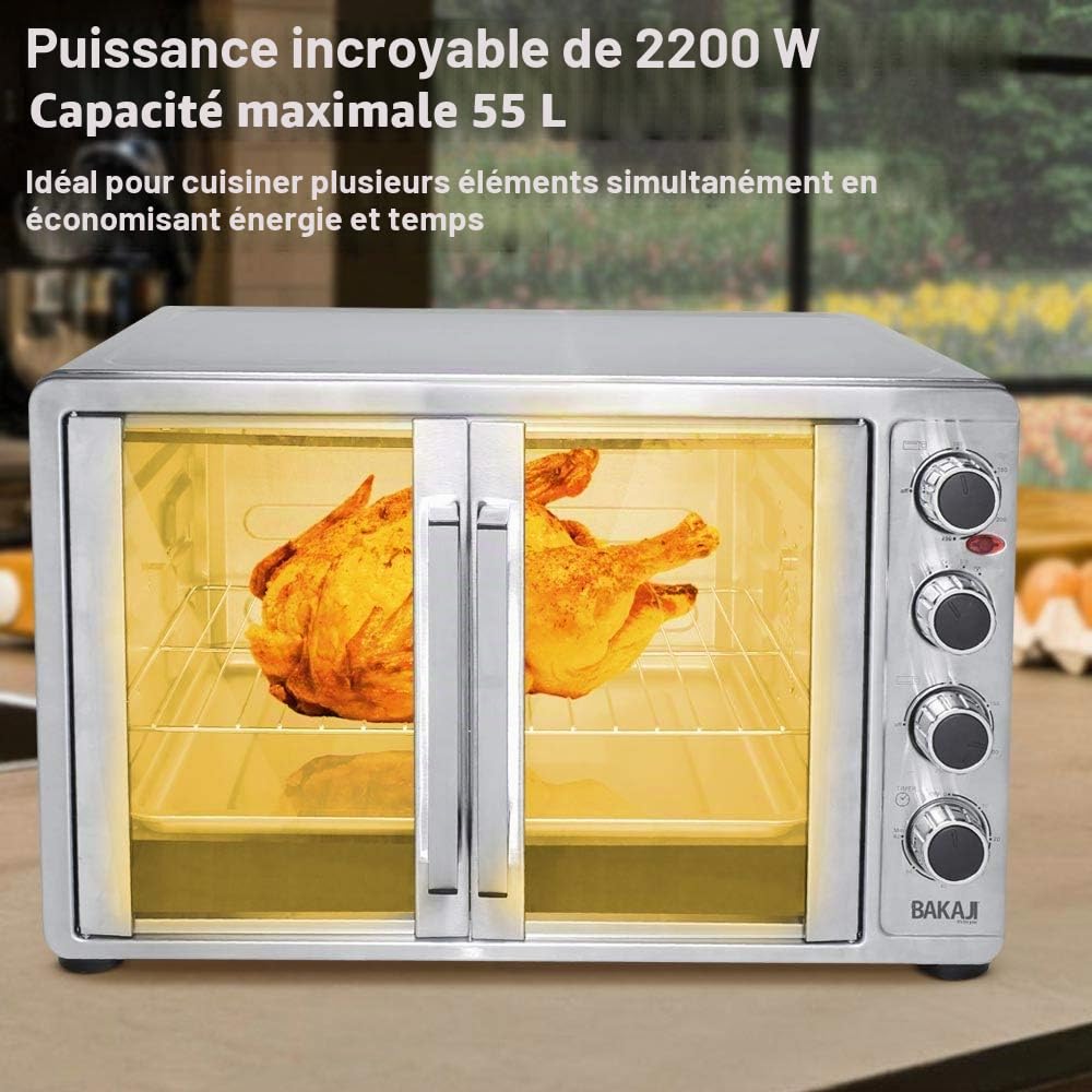 Bakaji Home Four Four électrique Ventilé Puissance 2200W avec double porte lumière intérieure sélection de cuisson température réglable minuterie et accessoires (55 litres)