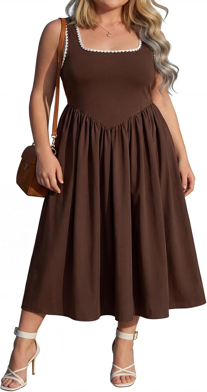 RITERA Plus Size Summer Dresses for Curvy Women Maxi Square Neck Sleeveless Casual Beach Sundress with Pockets, Flowy Dress