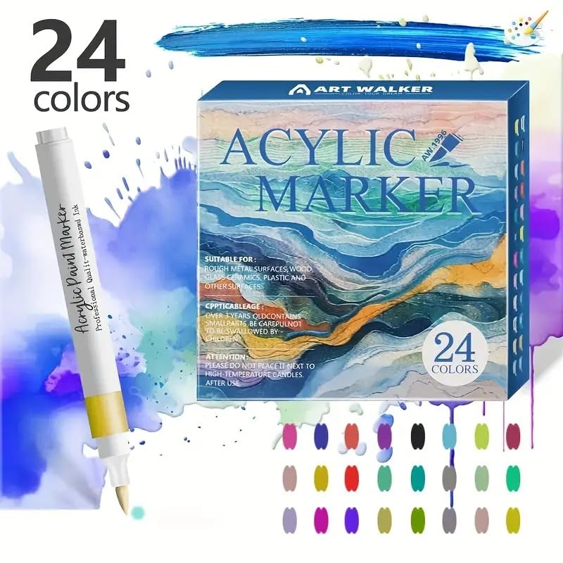 Image of HUBTURE Acrylic Paint Marker Pen Set - Metallic Colors, Medium Point Tip - Non-Toxic Art Markers for Rock, Ceramic, Glass, Wood, Fabric, Canvas, Craft Projects(24 PCS ACRYLIC MARKER)