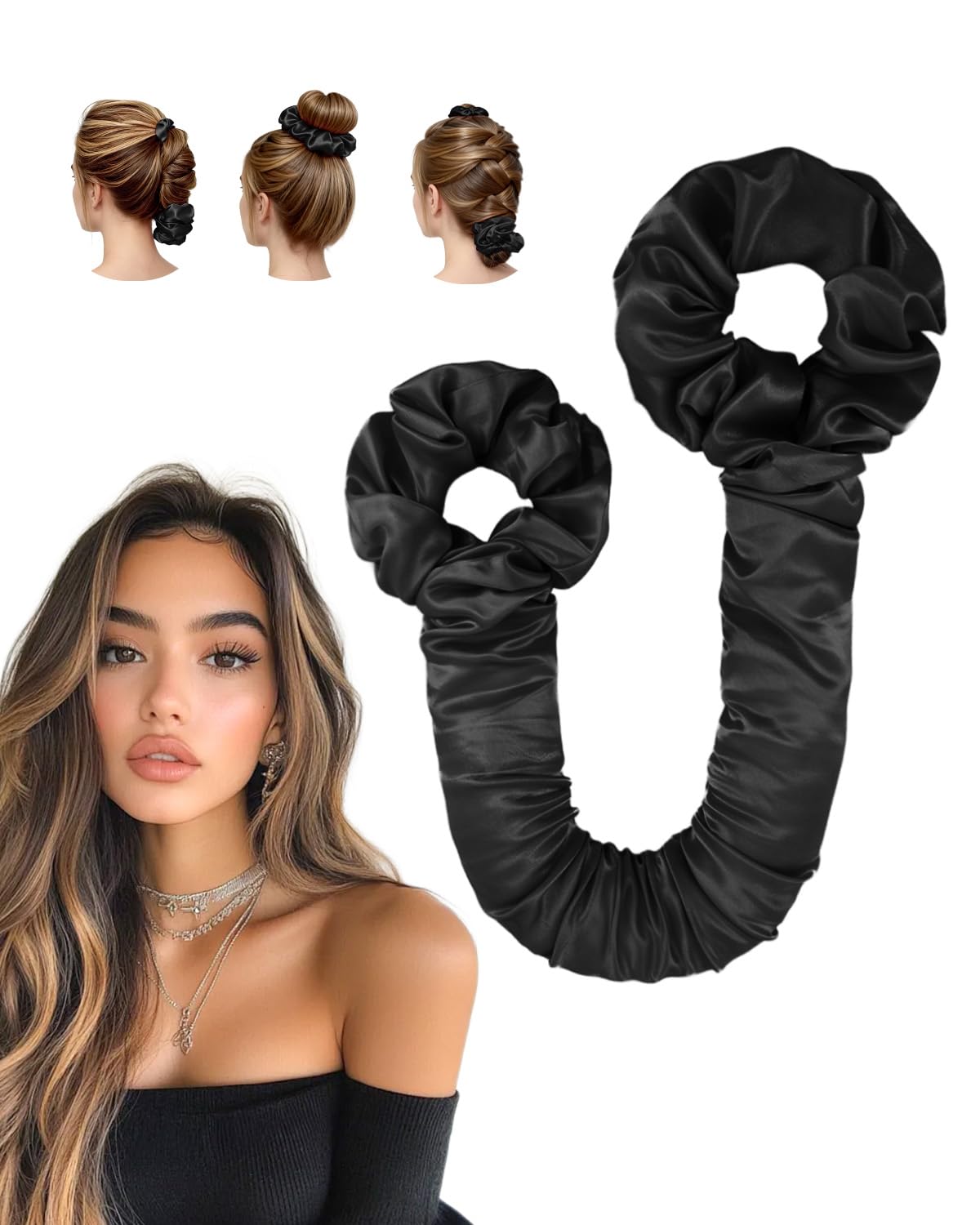 Photo 1 of BONNET QUEEN Large Satin Heatless Hair Curler for Long Thick Hair, All-in-One Overnight Curling Rod, Heatless Curls Bun with Built-in Scrunchies, Day-to-Night Styling for Sleep, Travel & Gym, Black