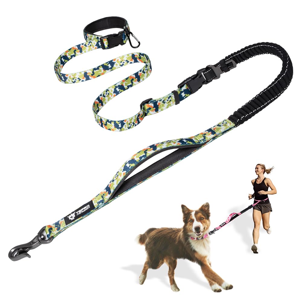 TSPRO Hands Free Dog Leash for Walking Running with Safety Car Seat Belt Shock Absorbing Bungee Leash with Padded Handle(Camo Green)