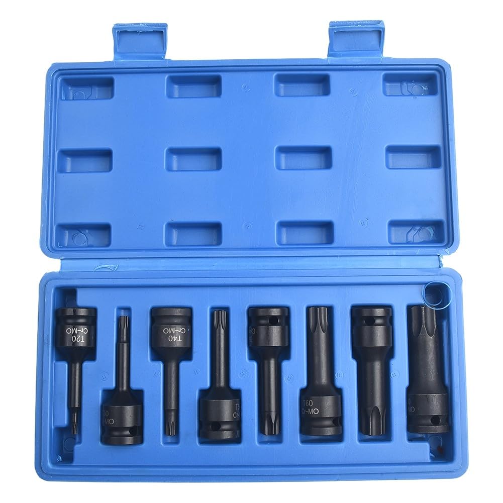 Set di chiavi a bussola Torx da 1/2 pollici per T20 per T30 T40 T50 T55 T60 T70 T80, 8-Pie-Ade in acciaio al cromo vanadio con scatola portatile