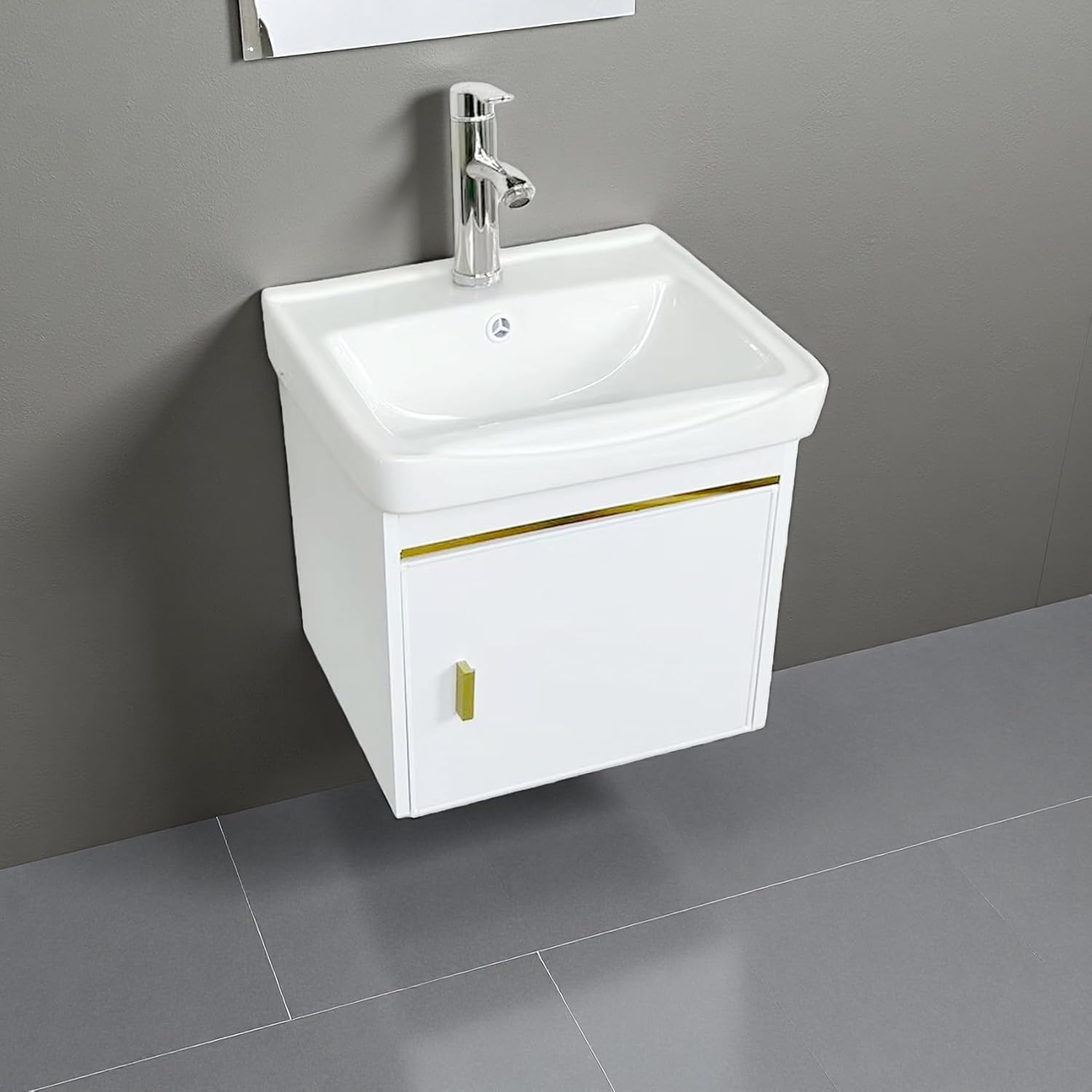 17-inch Wall-Mounted Compact Bathroom Vanity with Ceramic Basin for small space, Faucet, and Complete Drainage Accessories Cabinet Set with White Top White Faucet Pop Up Drain
