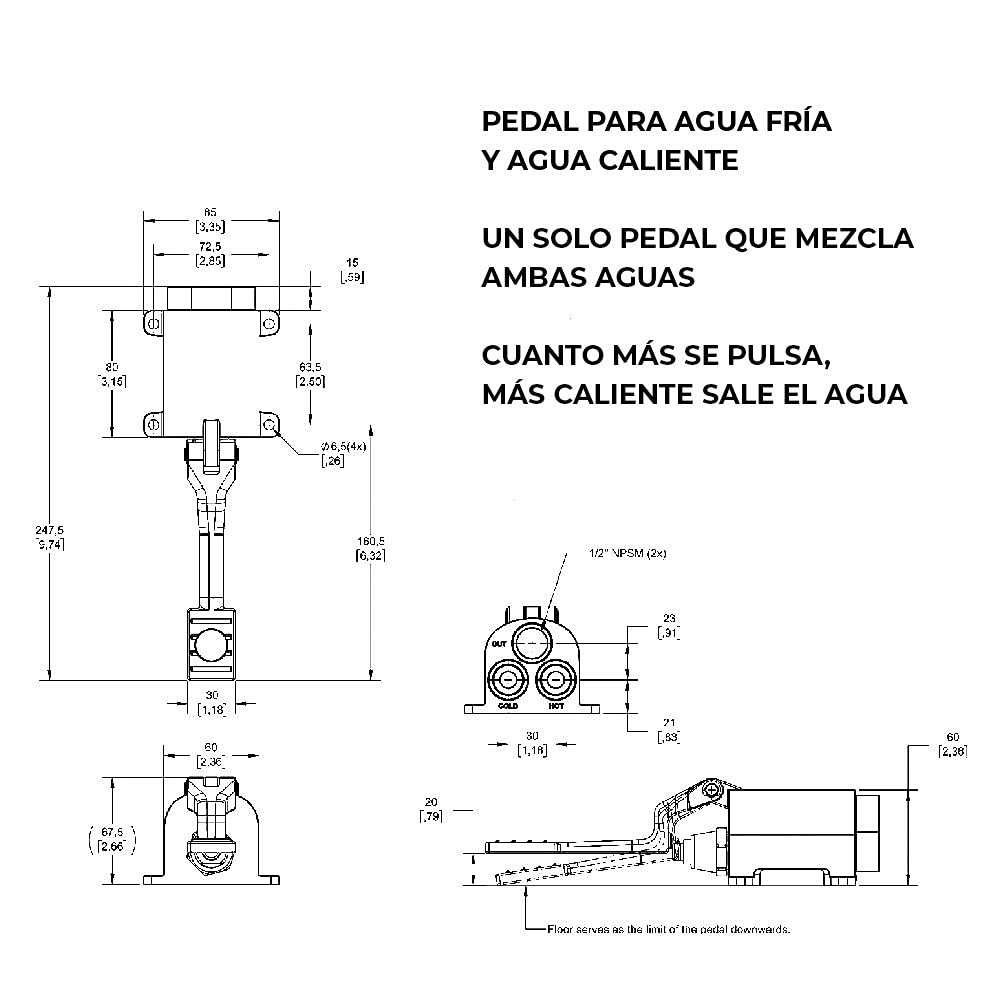Grifo Pedal Automezclador de Agua Fría y Caliente | Válvula a Pedal de Hostelería con Montaje en Suelo | Cuanto más se Pulsa, más Caliente sale el Agua