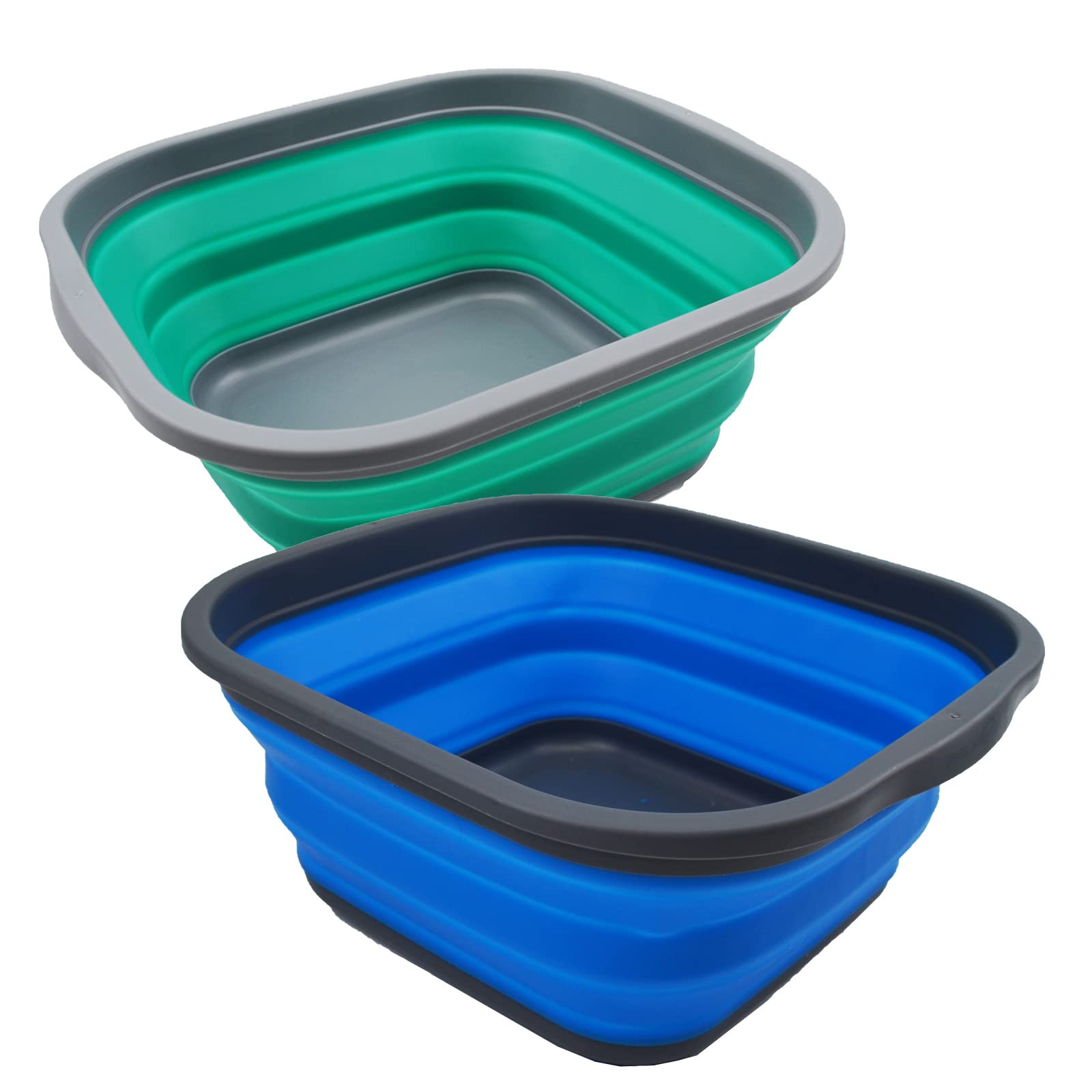 Sammart Bluish-Green + Blue 5.5L Set Of 2 Collapsible Tub - Foldable Dish Tub - Portable Washing Basin - Space Saving Plastic Washtub (Bluish-Green + Blue)