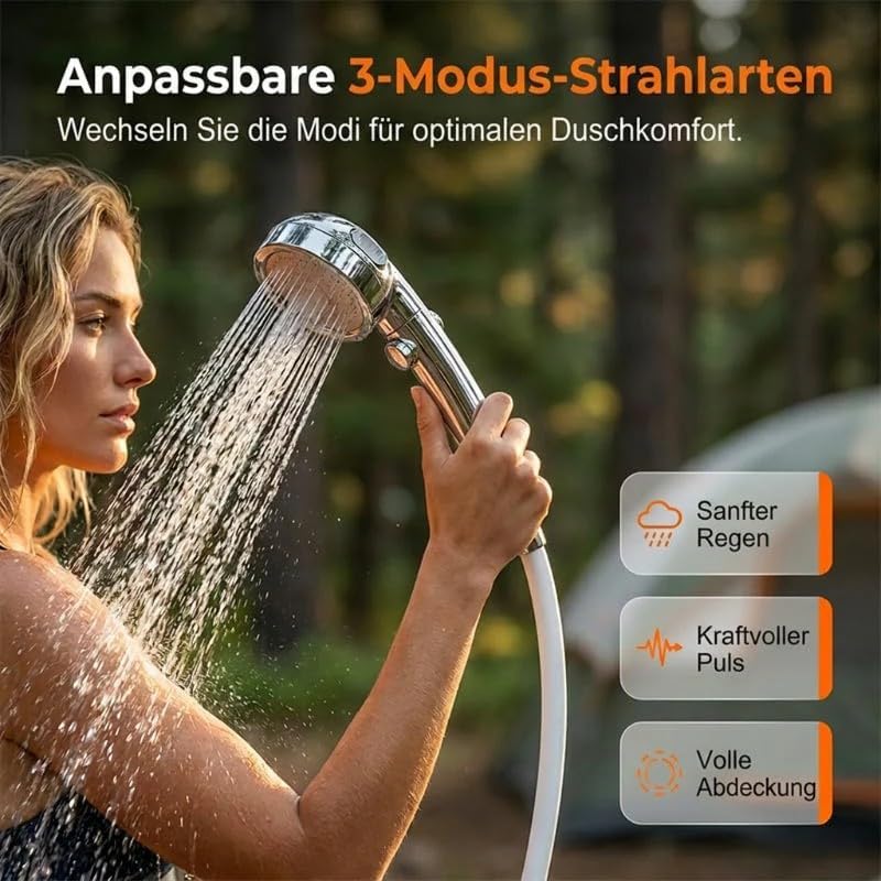 Portable Electric Shower for Camping and Homes - Turbo Water Pump, 3 Flow Spray Modes, Up to 180 Mins Use, LED Battery Display, 2M Explosion-Proof Hose for Camping RV Pet Washing Home