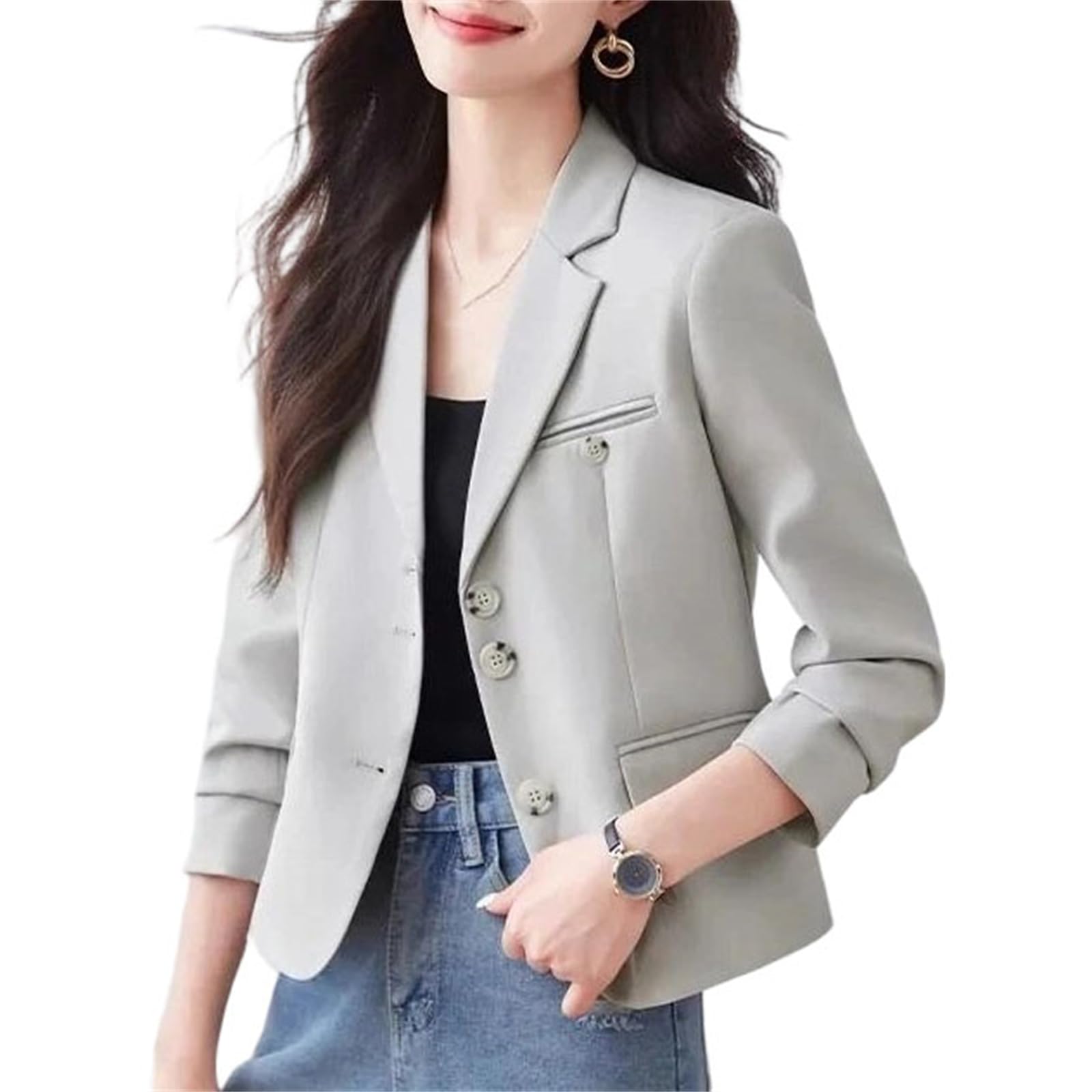 Womens Blazers Fashion Loose Fit Single Breasted Notched Collar Jacket Elegant Ladies Outerwear with Button Detail