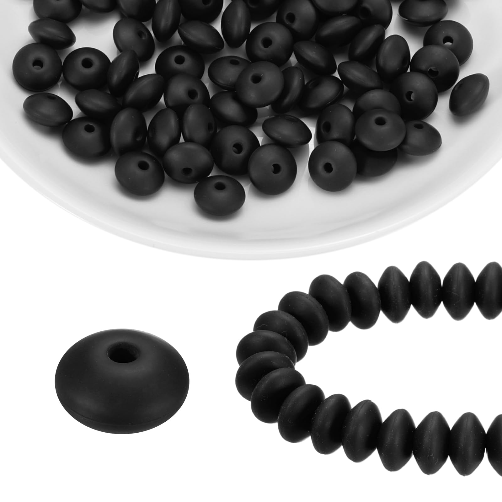 sourcing map 100Pcs Silicone Beads 12mm Lentil Rubber Focal Beads Bulk for Pens Keychain Bracelet Necklace DIY Crafts Making, Black