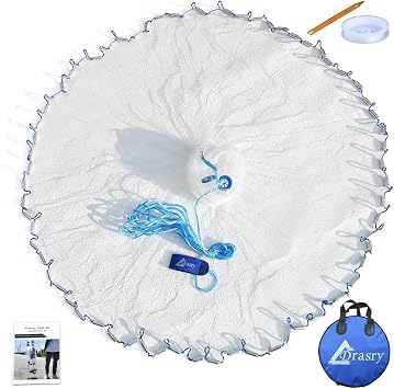 Drasry Saltwater American Fishing Cast Net 3/8inch Mesh Size for Bait Shrimp Trap Fish Heavy Duty Sinkers Throw Net 3FT/4FT/5FT/6FT/7FT/8FT/9FT/10FT Radius