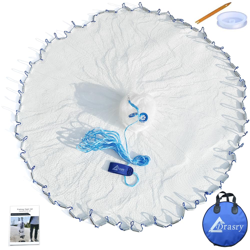Drasry Saltwater American Fishing Cast Net 3/8inch Mesh Size for Bait Trap Fish Heavy Duty Throw Net 4FT/5FT/6FT/7FT Radius Size