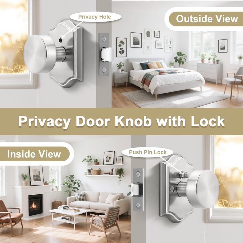 Probrico Brushed Nickel Door Knobs, Interior Door Locks for Bedroom/Bathroom, Keyless Door Knobs Privacy Lock, 6 Pack