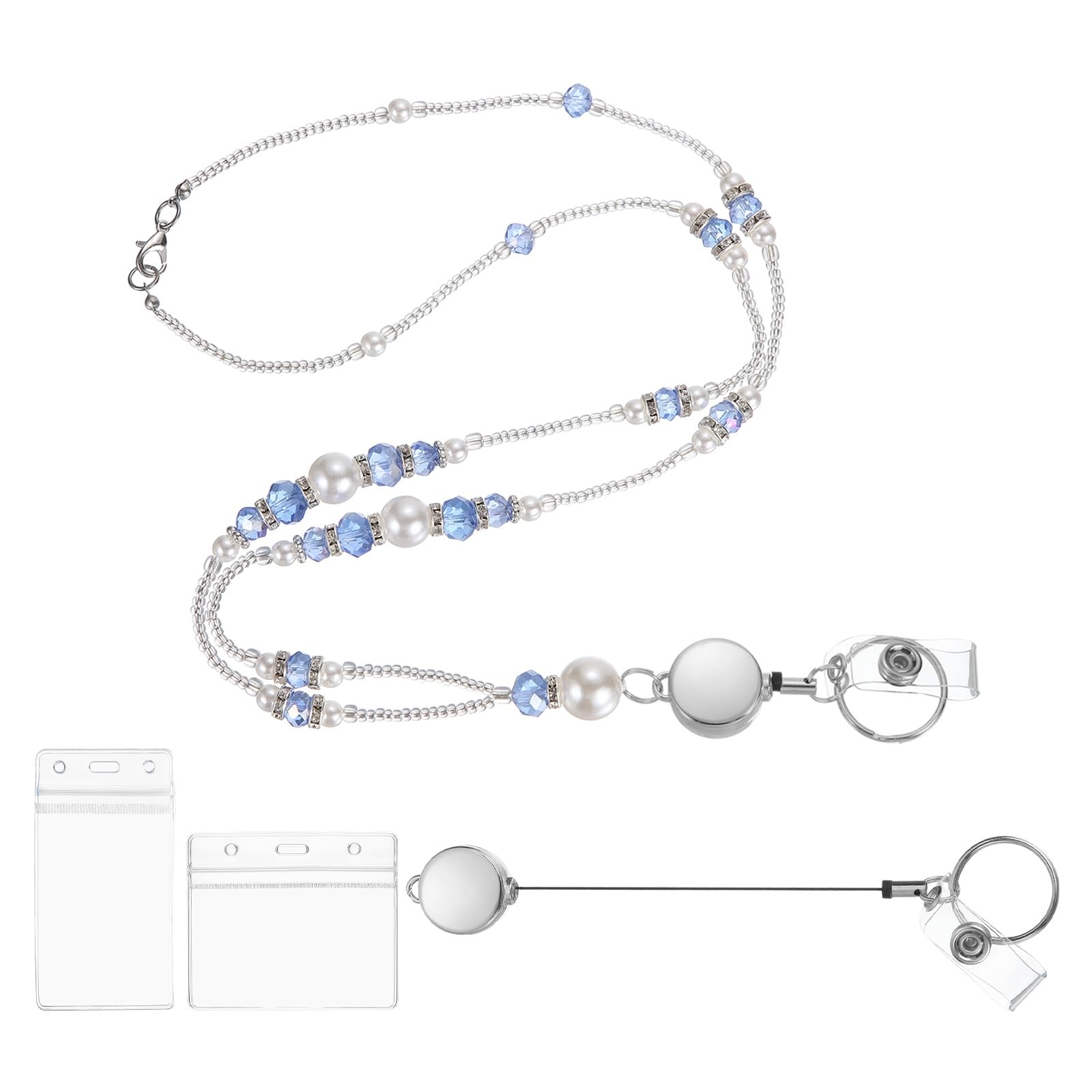 PATIKIL Beaded Lanyards for ID Badges, Cute Teacher Lanyard with Vertical & Horizontal ID Holders Retractable Breakaway Neck Strap for Women Teacher Gift Keys Chain Cards, Light Blue
