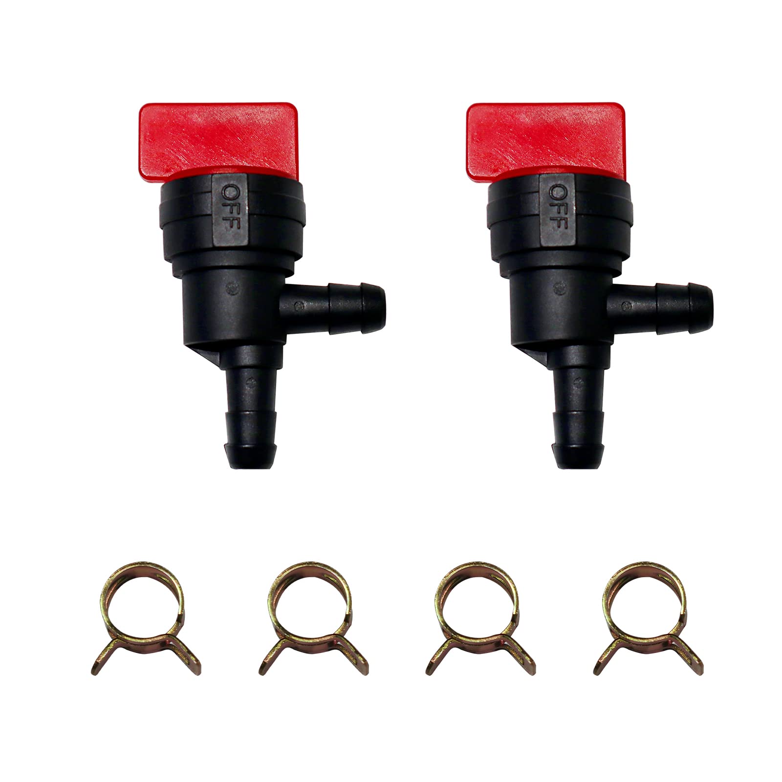 EVGW 90 Degree Fuel Shut Off Valve，1/4" Fuel Cut Off Valve for Riding Lawn Mower Garden Tractor Pressure Washer Snowblower，Replace 698181 494539 697944 Tecumseh 35857, with Hose Clamps, 2 Packs