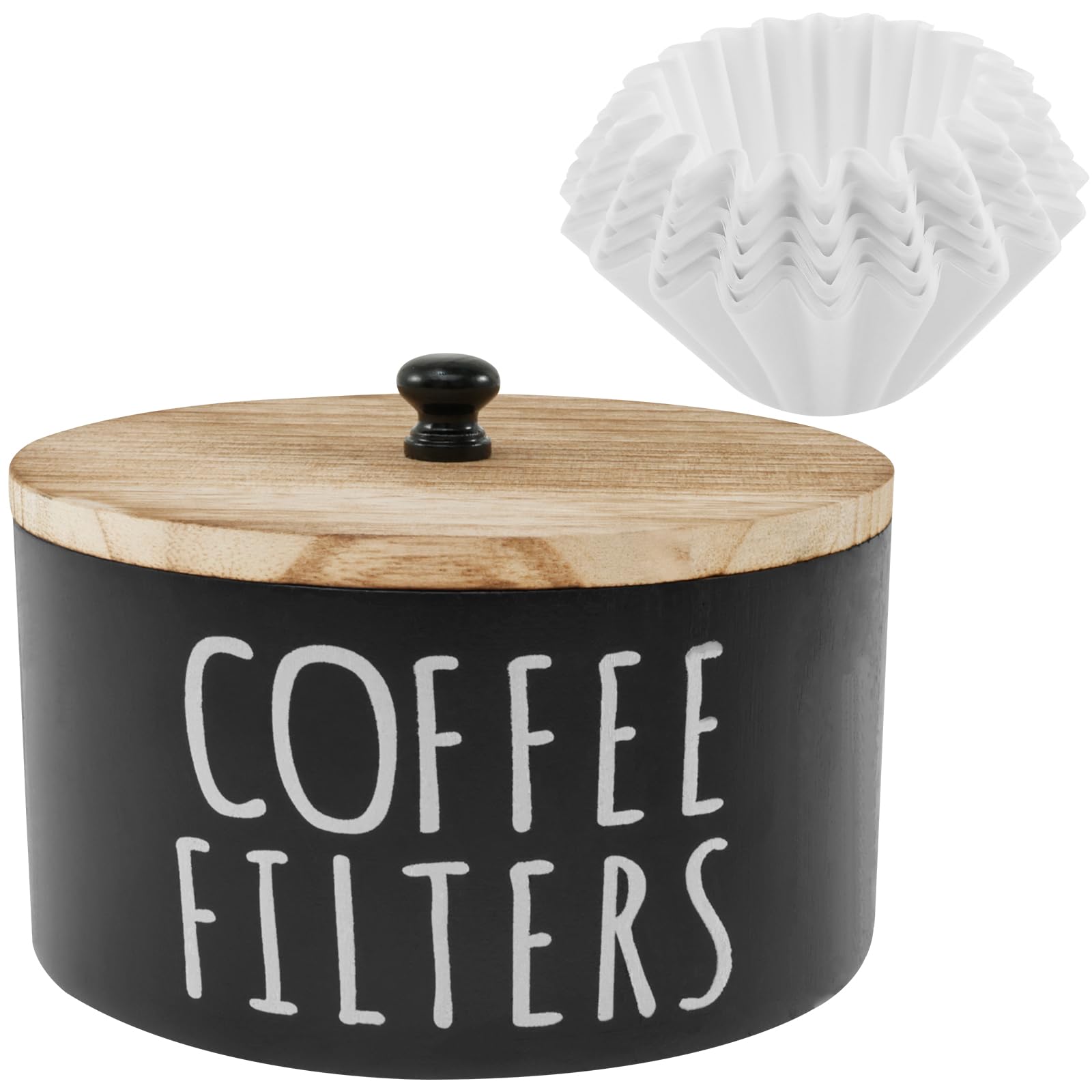 Coffee Filter Holder, Wooden Large Capacity Rustic Coffee Filter Storage Case Dispenser with Bamboo Lid and 50 Filters, Round Organizer Basket Container Storage for Bar Counter Decor