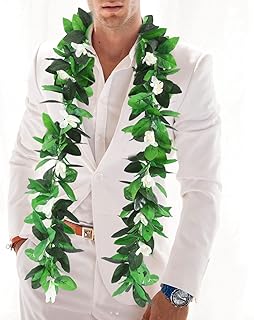 Hawaiian Luau Maile Ti Leaf Leis for Party, Tropical Artificial Tuberose Flower Green Garland Lei for Graduation Wedding B...