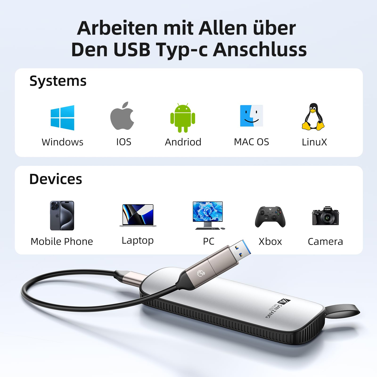 SAN ZANG MASTER Externe Portable SSD 2TB, bis zu 1.050 MB/s Lesen/1.000 MB/s Schreiben, USB 3.2 Gen 2, Externe SSD für Laptop,Type C Smartphones, Pro,Air, Silber