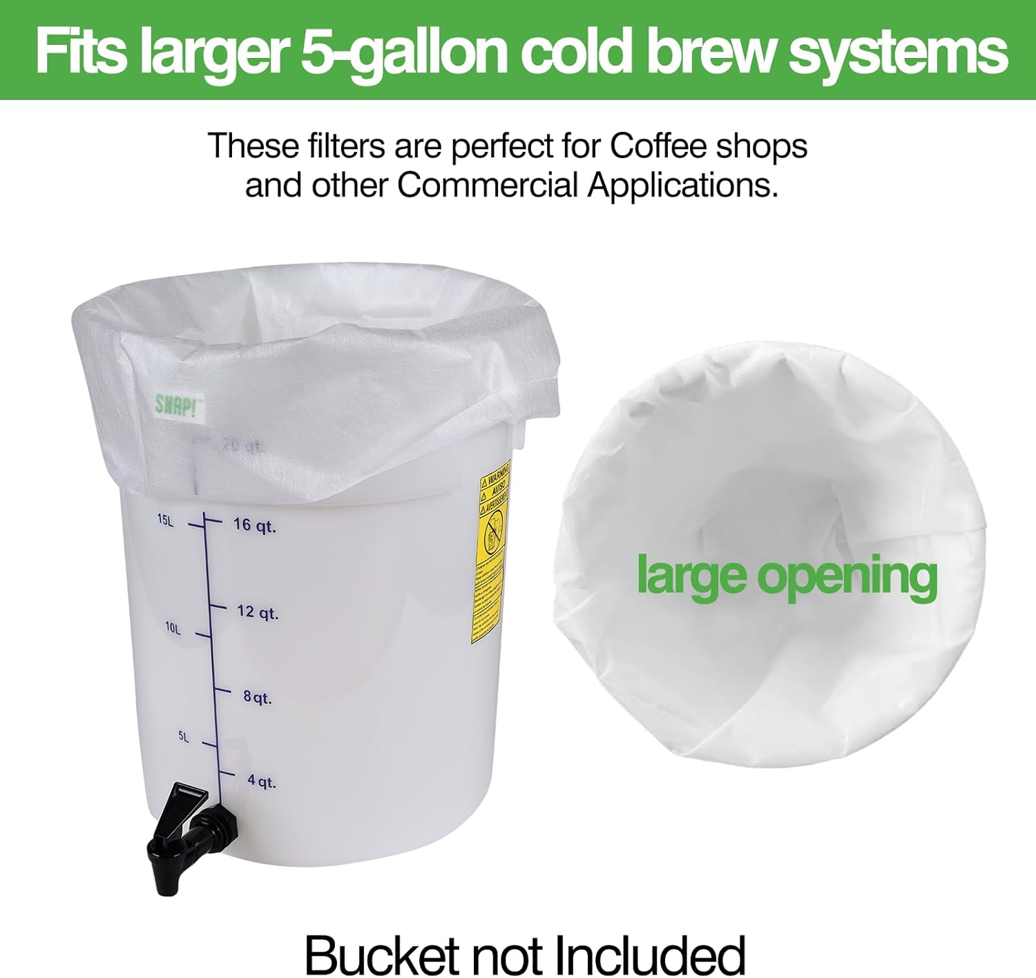 SNAP! Cold Brew Commercial PLA Filter - 50 Count，Disposable Fine Mesh Brewing Bags Commercial Coffee Filters 20''x20'' Fits 5 Gallon Buckets Coffee Shop Restaurants, Natural White