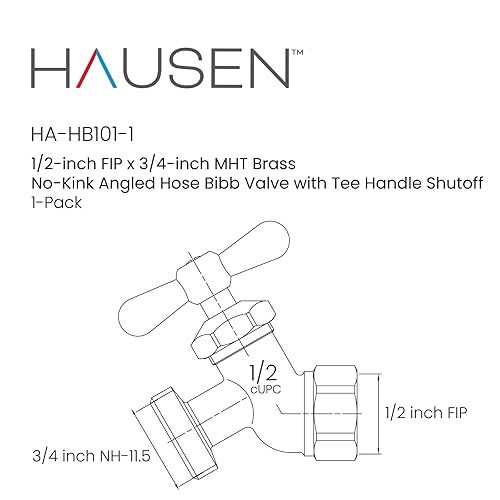 Miniatura 7 de Hausen Válvula Bibb de manguera en ángulo sin torceduras de latón FIP de 12 pulgada x 34 pulgadas MHT con cierre de mango en T, 1 paquete