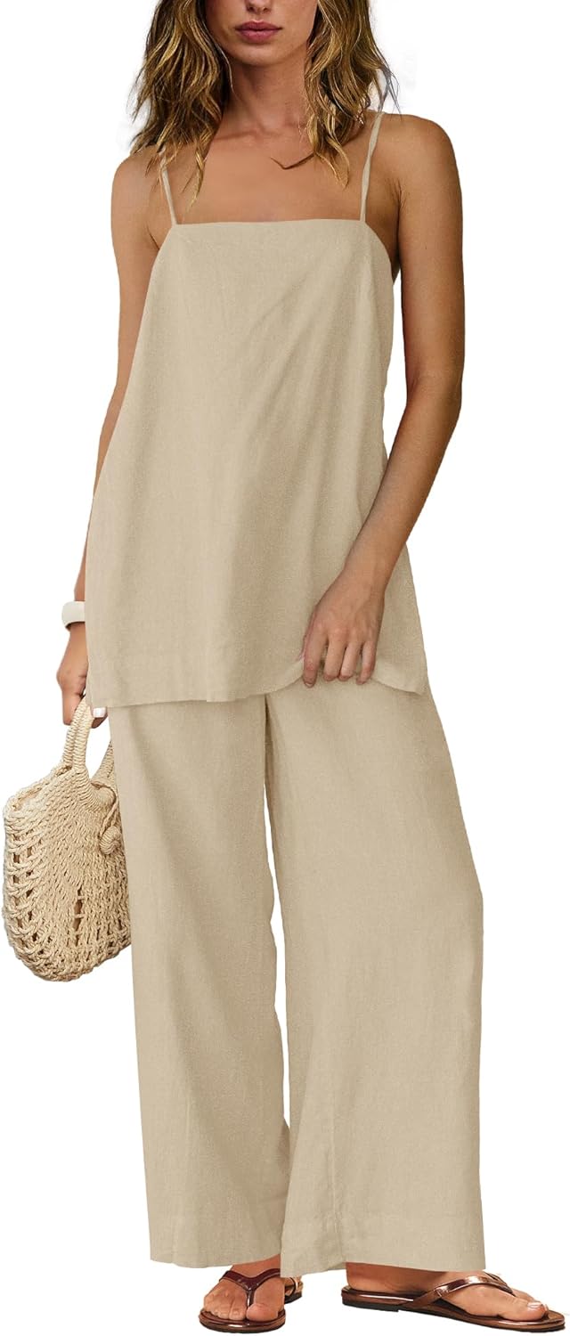 SENSERISE Linen Sets for Women 2 Piece Set Summer Beach Vacation Outfits Spaghetti Strap Tank Top and Pants Sets
