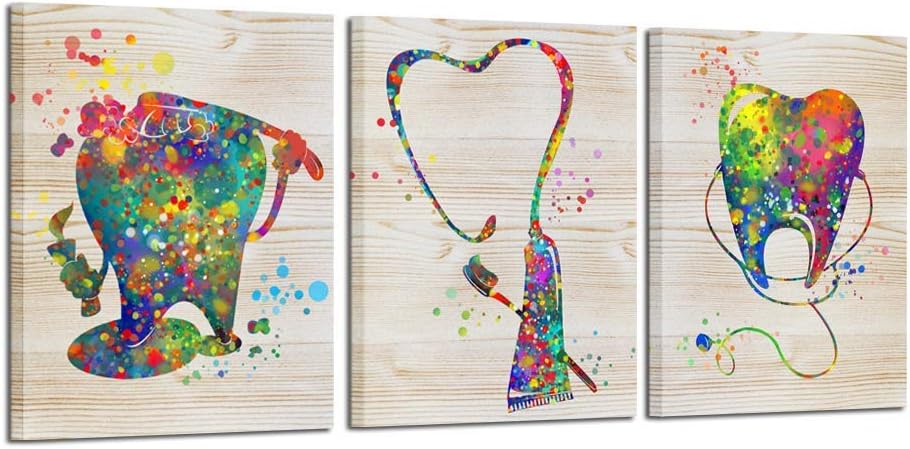 KREATIVE ARTS Brush Your Teeth Framed Canvas Art Painting Funny Poster Prints Teeth Anatomy Stomatology Wall Picture Print Dental Clinic Doctor Office Decor 16x20inchx3pcs