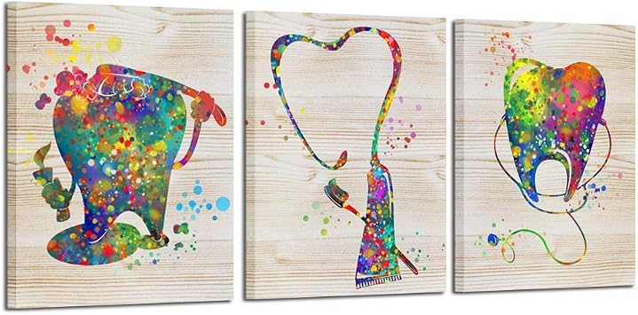 KREATIVE ARTS Brush Your Teeth Framed Canvas Art Painting Funny Poster Prints Teeth Anatomy Stomatology Wall Picture Print Dental Clinic Doctor Office Decor 16x20inchx3pcs