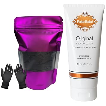 Fake Bake Original Self-Tanning Lotion with 12 Reusable Application Gloves Natural-Looking, Streak-Free Sunless Tanner for Face & Body Long-Lasting Glow for All Skin Tones 6 oz