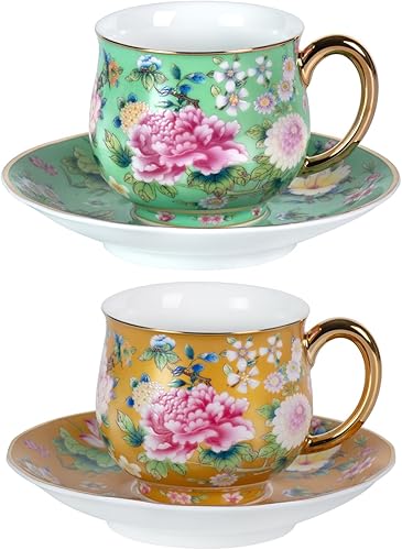 Miniatura 22 de KAMMAK Juego de 2 tazas de té y platillos, taza de café de porcelana con platillo para expreso, capuchino, 7.5 onzas, taza de cerámica floral