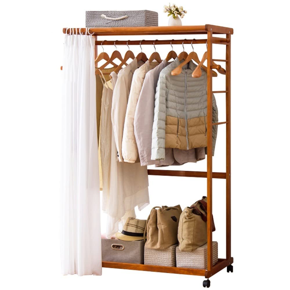 Garment Rail Clothes Rail Rack with Shelves Wooden Coat Rack Stand with 2-Tire Shoe Rack and Fabric Curtain