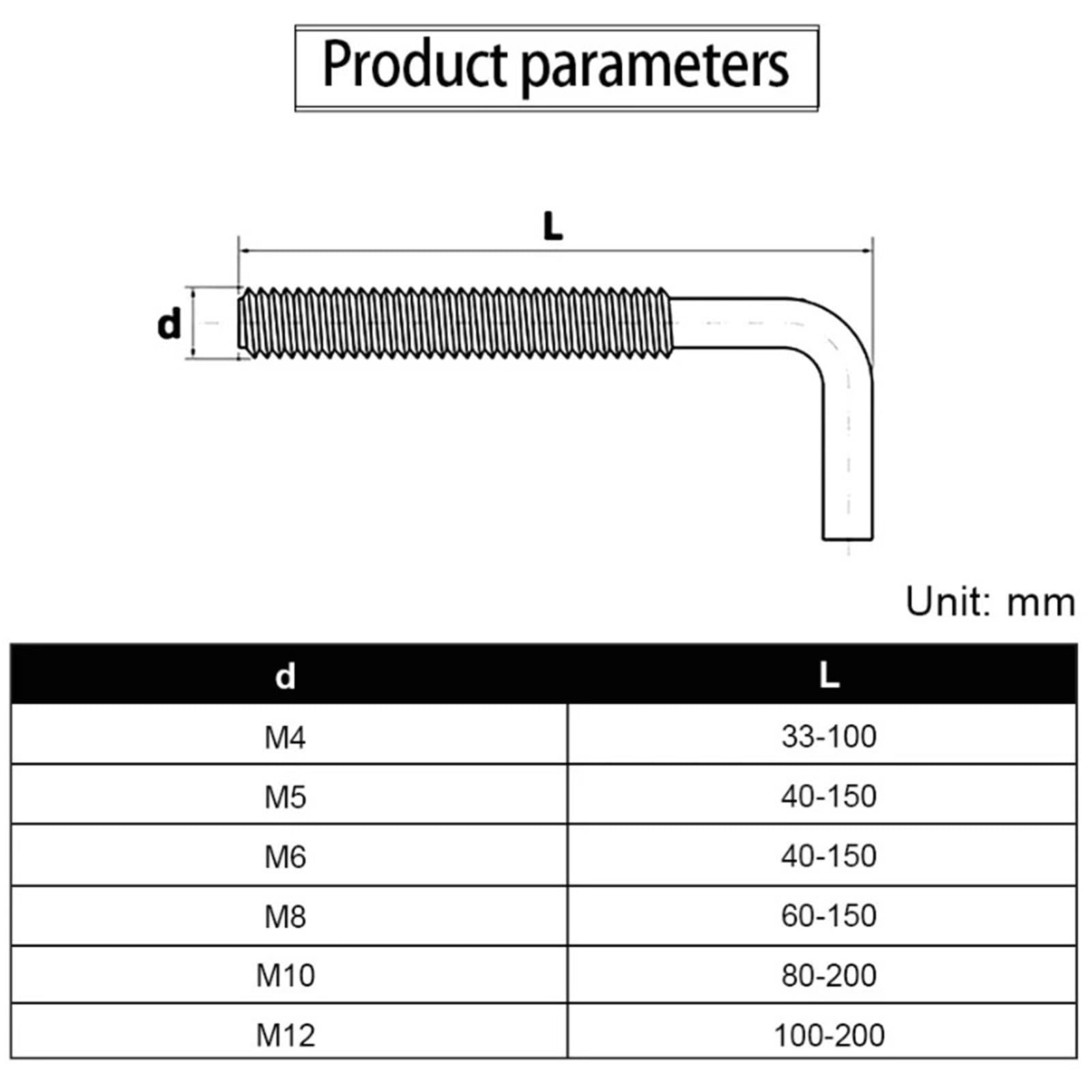 Ganchos En L De Tornillo 1-5 uds M4 M5 M6 M8 M10 M12 7/tornillo de perno anclaje ángulo recto en forma L acero inoxidable(M12x200mm(1pcs))