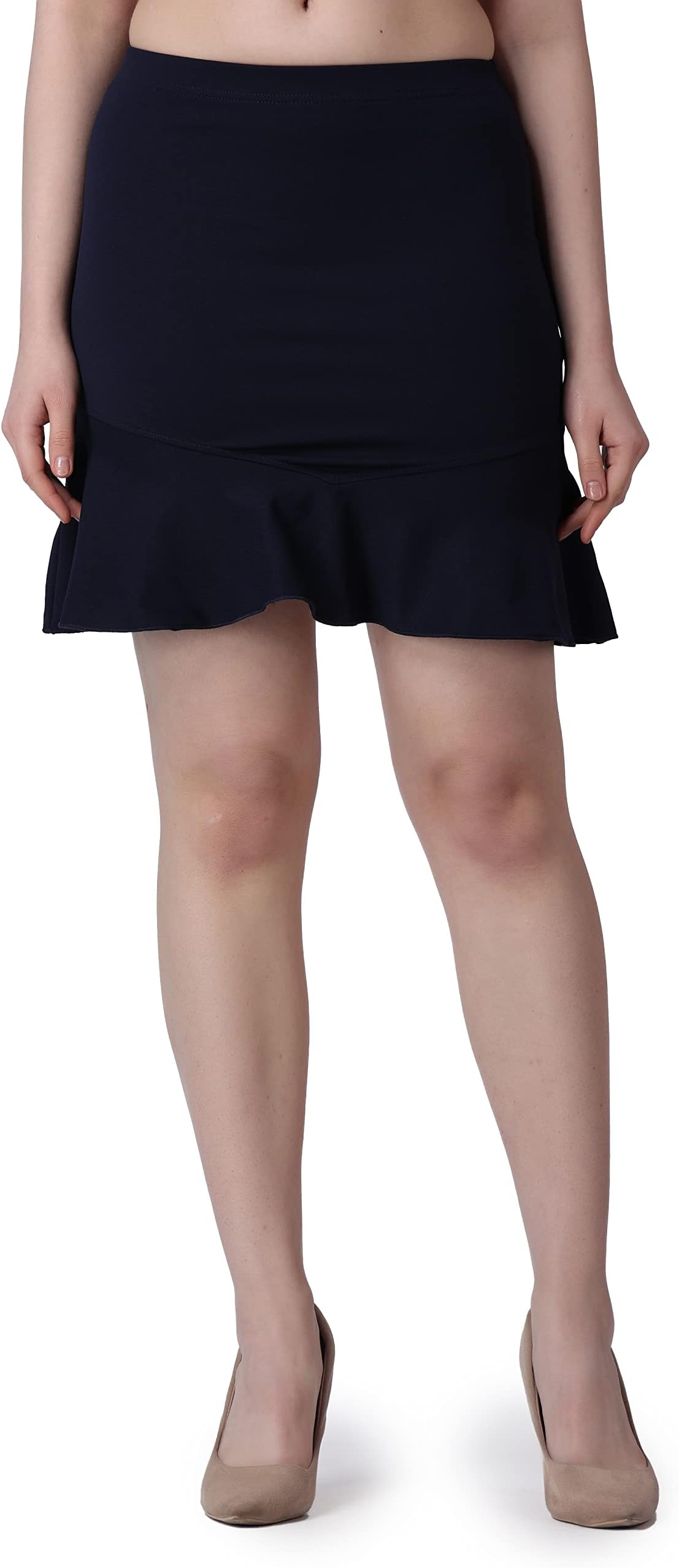 POPWINGSWomen Casual Black Twill Frill Knee Length Pencil Skirt