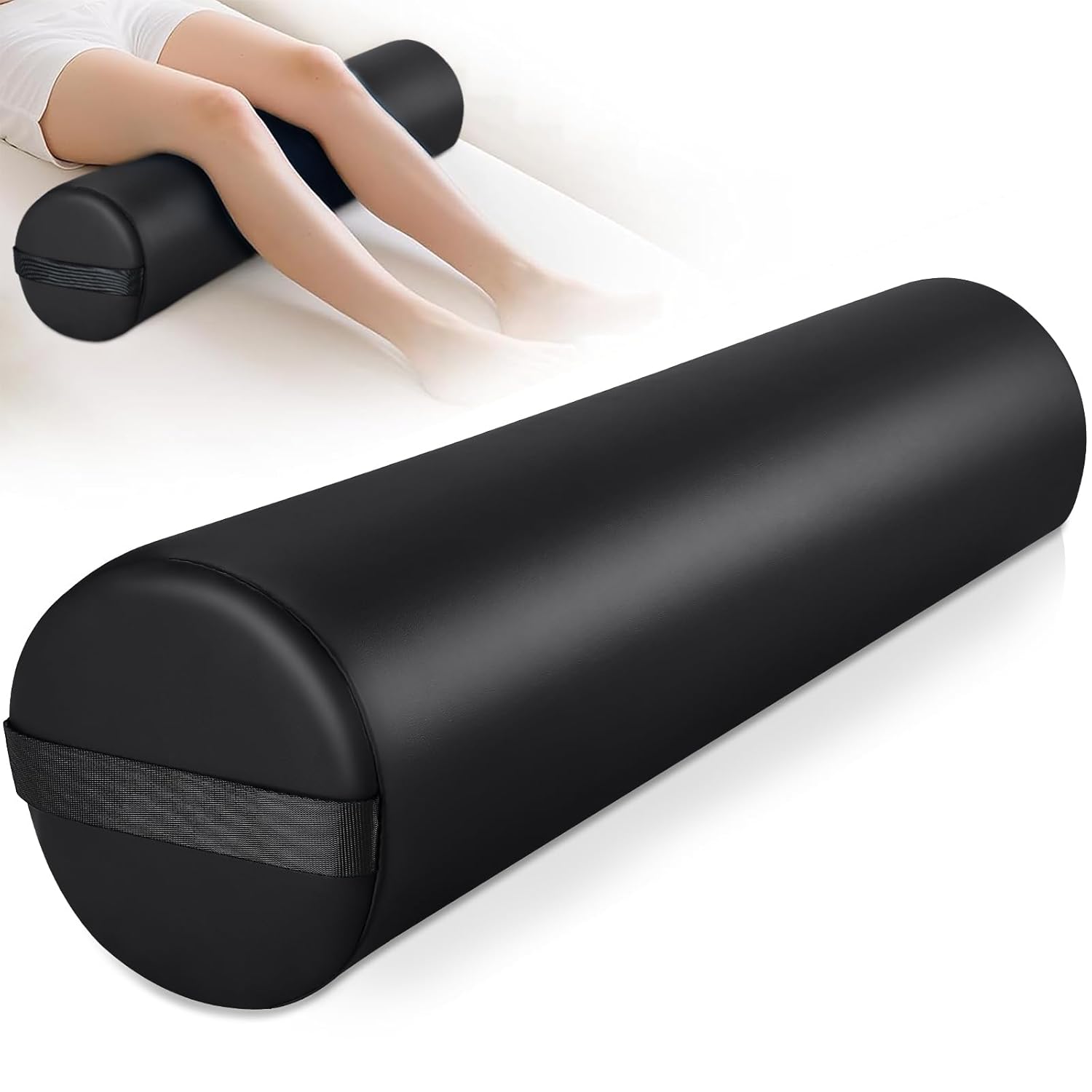 Noverlife Full Round Bolster Pillow for Legs, 26 x 6 inch PU Leather Bolster for Massage Table with Strap Handle Under Knee Pillow, Under Back Ankles Pain Relief Massage Table Bolster for Yoga & Spa