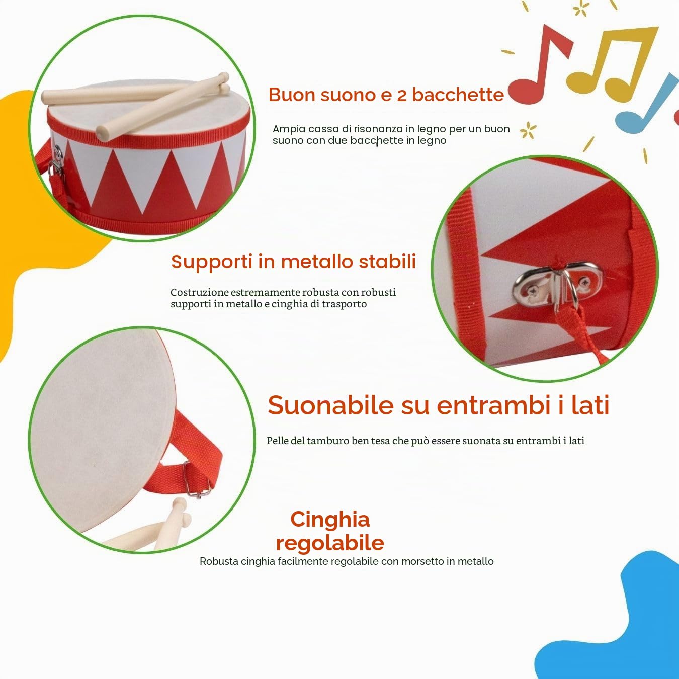 3845r - Tamburo musicale per bambini, in legno, con cinghia per il trasporto e bacchette D: 20 cm