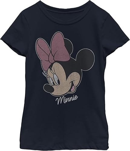 Disney Characters Minnie Big Face Distressed Girl's Solid Crew Tee, Navy Blue, S