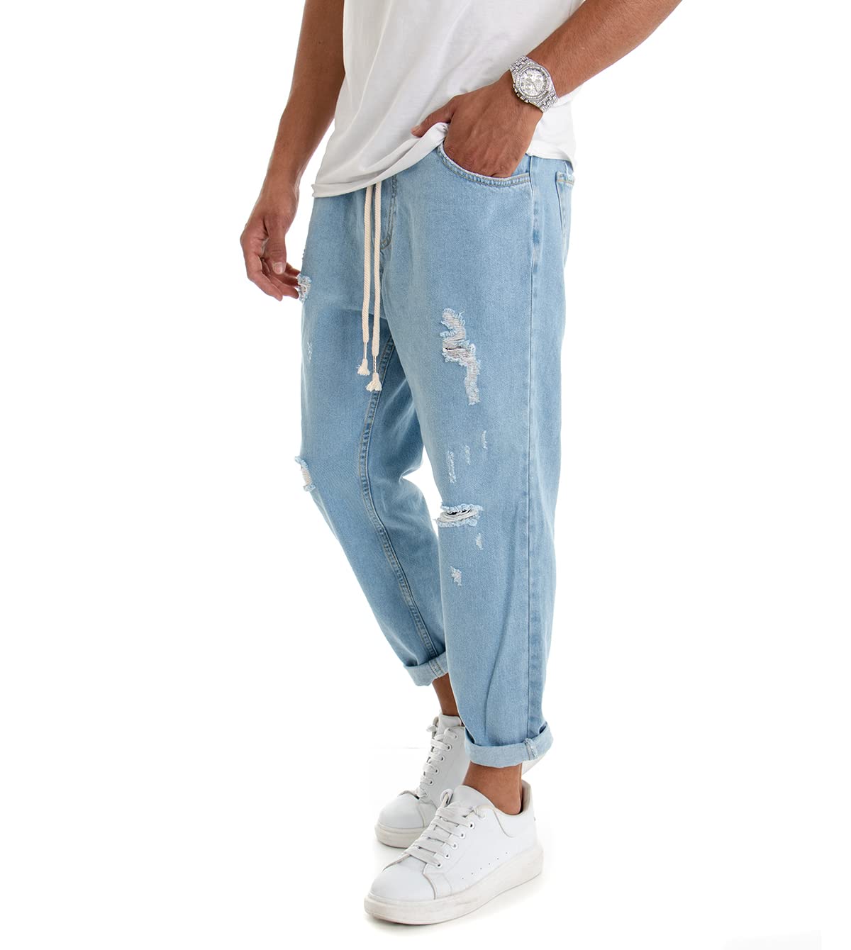 Pantalone Uomo Jeans Tinta Unita Rotture Elastico Coulisse