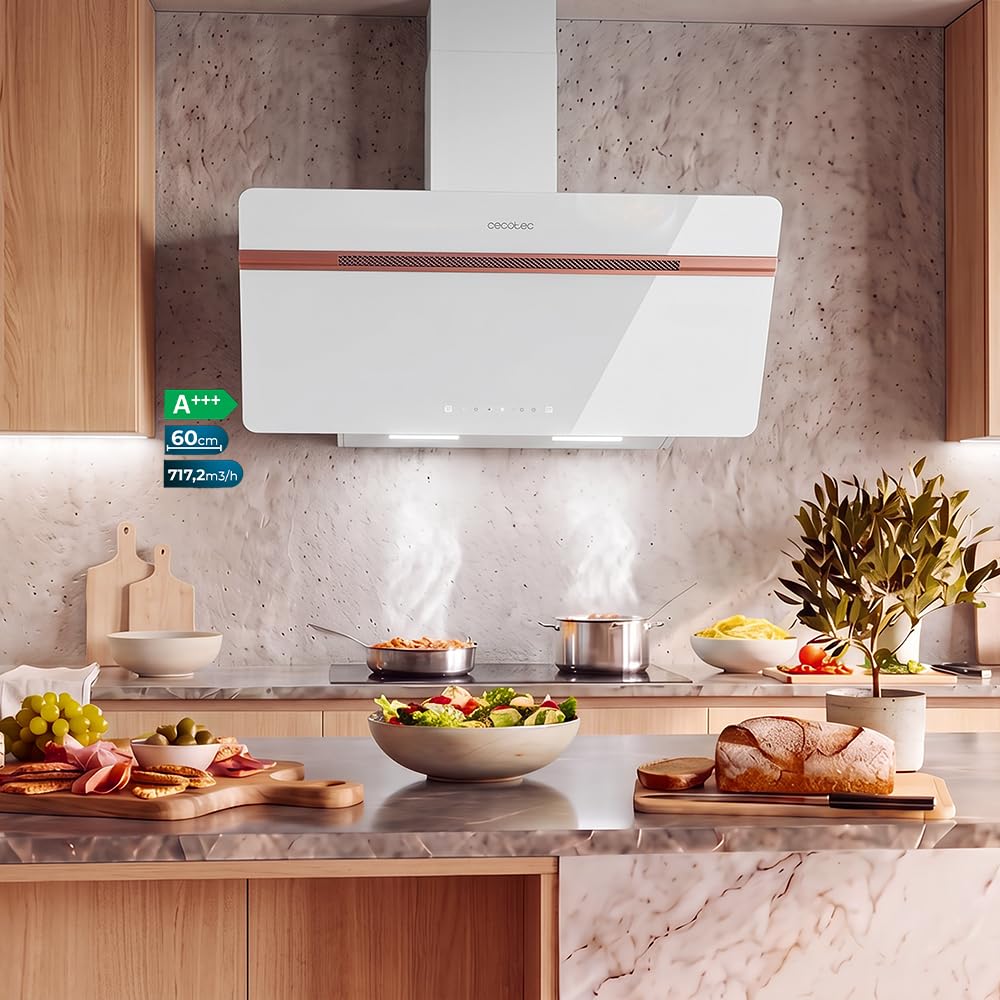 Cecotec Okap dekoracyjny 60 cm Bolero Flux DT 607500 Matt White A+++. Matowe i błyszczące szkło z miedzianymi detalami, ssanie 717,2 m³/h, funkcja wzmacniacza, filtry aluminiowe, klasa A+++