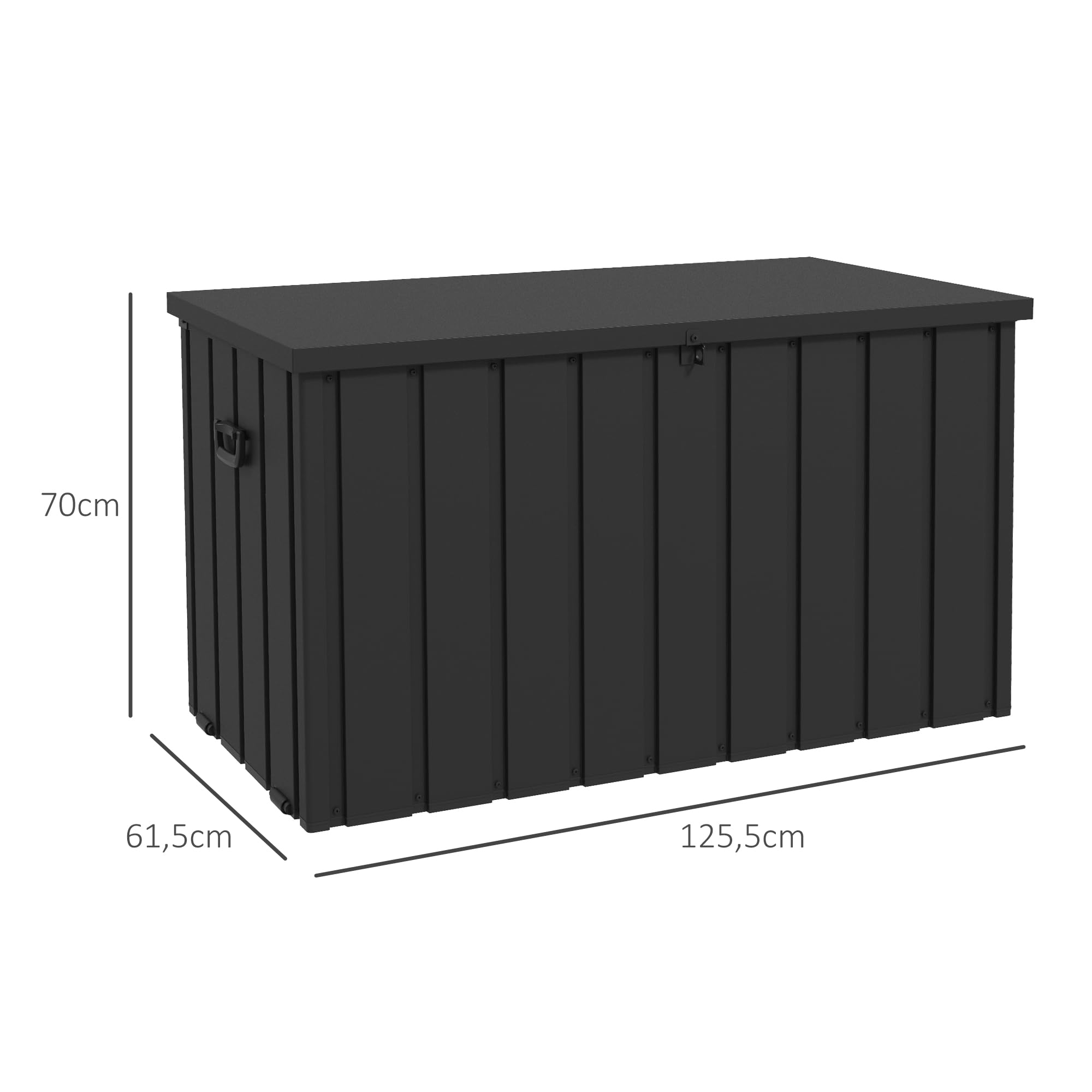 Outsunny Coffre de Rangement 450L Métal 125,5x61,5x70cm Gris Foncé | Malle de Jardin Extérieur, Poignée, Roulettes, Vérin à Gaz