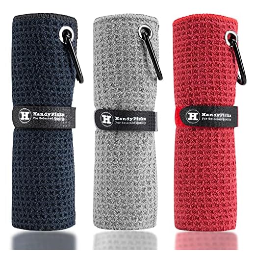 Handy Picks Microfiber Golf Towel (16" X 16") with Carabiner Clip, Waffle Pattern Hook and Loop Fastener - The Convenient Golf Cleaning Towel Black/Grey/Red