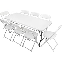 VINGLI 6 FT Plastic Folding Table Set with 8 White Folding Chairs for Picnic, Event, Training, Outdoor Activities, at Home and Commercial Use