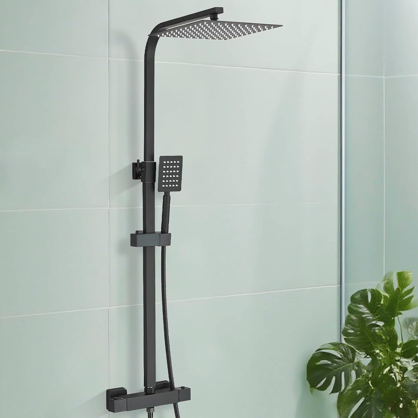 Zestaw mieszaczy prysznicowych Premium Black Tatic – regulowana głowica prysznicowa z deszczownicą i prysznicem ręcznym, zestaw szyn podwieszanych do wspaniałych doświadczeń łazienkowych