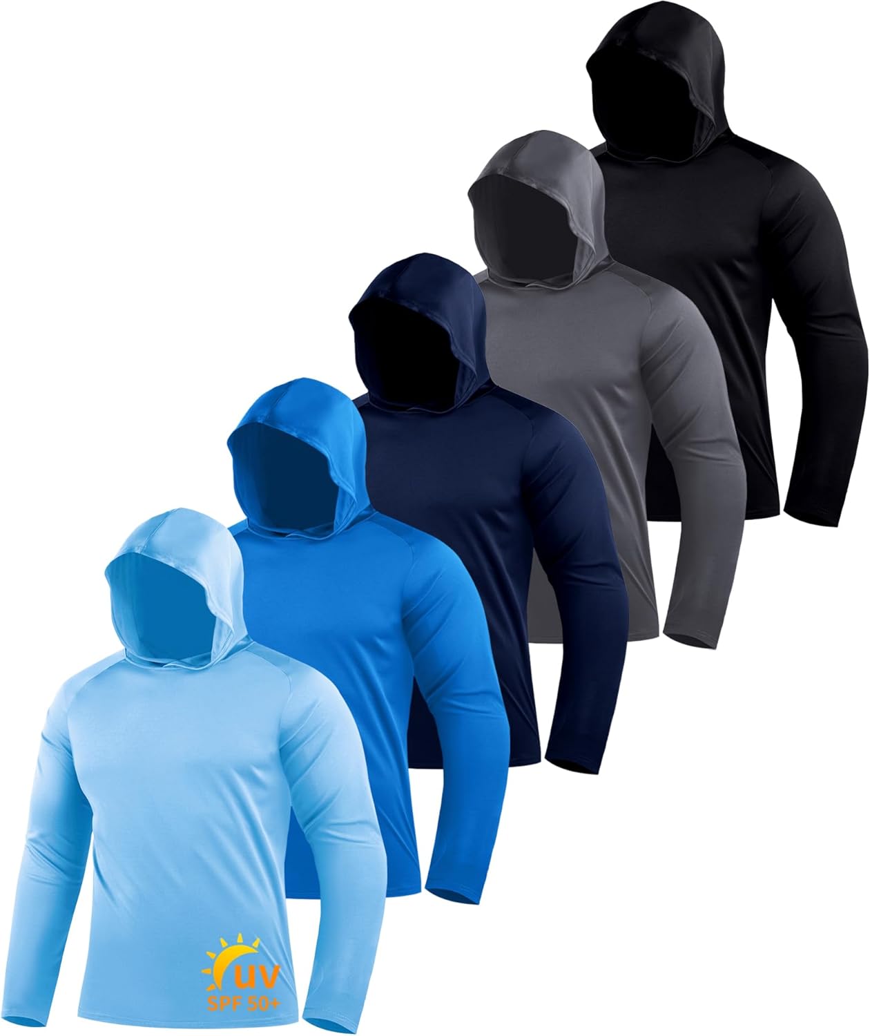 ZITY 5 Pack Men's Sun Protection Long Sleeve Hoodie Shirts UPF 50+ Fishing Shirts Lightweight Athletic Rash Guard Sweatshirts