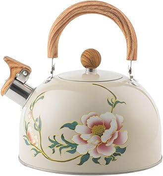 Whistling Tea Kettle Stovetop Pink Floral Pattern Teapot with Wood Handle Water Boiling Pot 3-Quart Stainless Steel Teakettle for Kitchen StovetopBeige, TIMOBIZZ02
