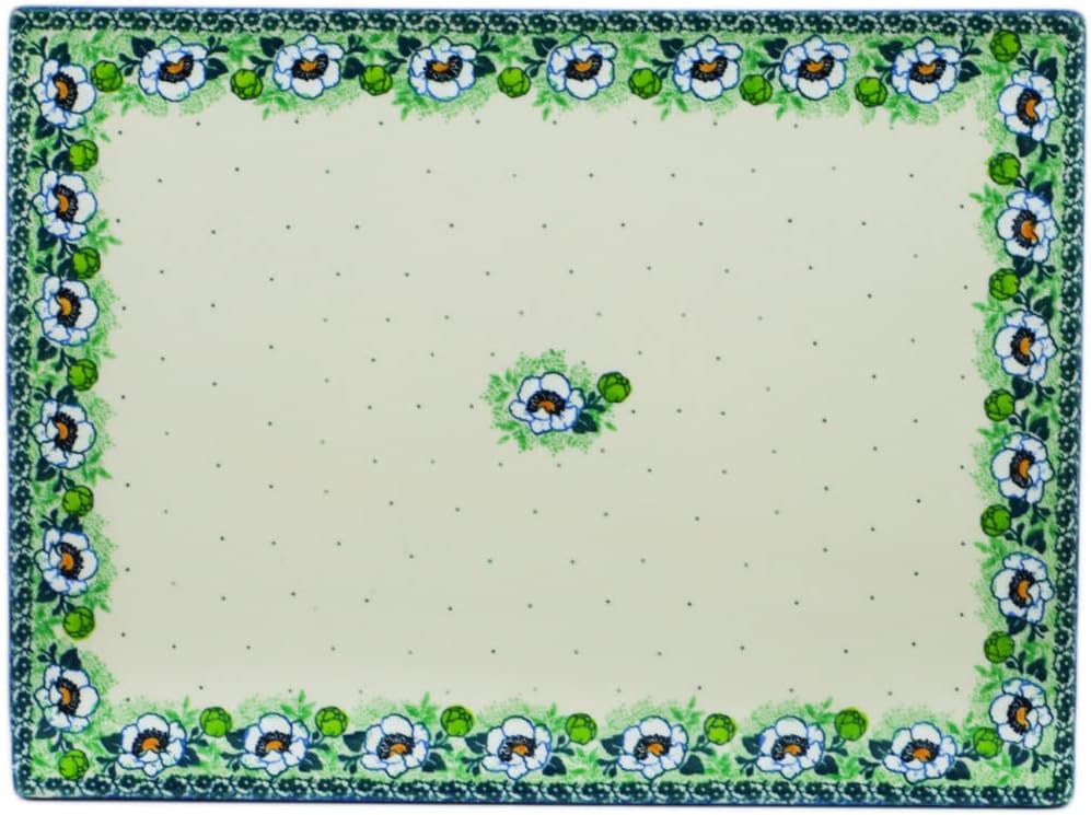 Polmedia Polish Pottery Cookie Sheet - Green Flora Pattern Handmade in Boleslawiec Poland by Ceramika Artystyczna + Certificate of Authenticity
