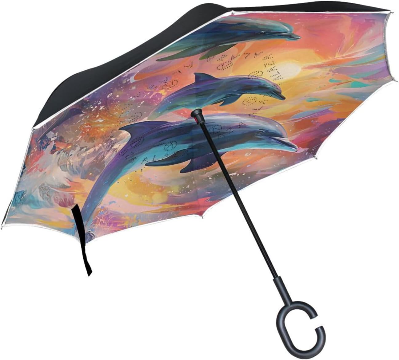 Colorful Dolphin Inverted Umbrellas for Rain Windproof Reverse Upside Down Golf Umbrella with C-shape Handle for Men Women