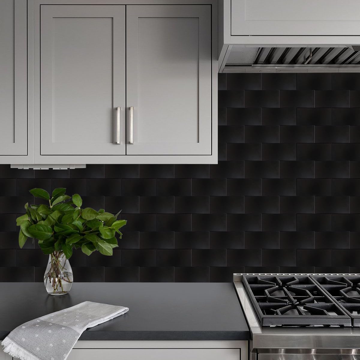 Black Peel and Stick Backsplash Subway Tile, 3"x6" Brushed Metal Backsplash Peel and Stick Wall Tiles for Kitchen Bathroom Fireplace (48 Pieces)