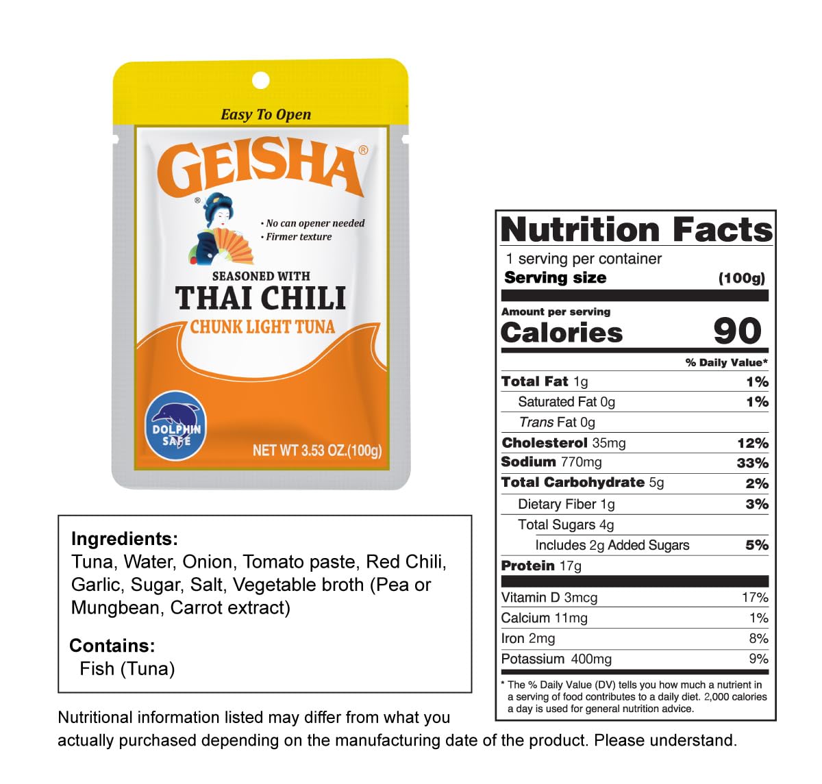 GEISHA Chunk Light Tuna Seasoned with Thai Chili Sauce 3.53oz (Pack of 12), Tuna| HALAL & Kosher Certified – Gluten Free – Wild Caught – Dolphin Safe Catch – Good Source of Protein