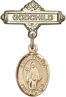14kt Yellow Gold Baby Badge with St. Amelia Charm and Godchild Badge Pin 1 X 5/8 inches