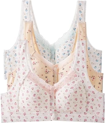3Pack Women Front Button Cotton Bra, Plus Size Floral Coverage Cotton Bra for Middle Elderly Women