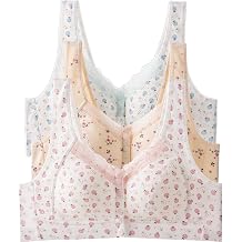 3Pack Women Front Button Cotton Bra, Plus Size Floral Coverage Cotton Bra for Middle Elderly Women