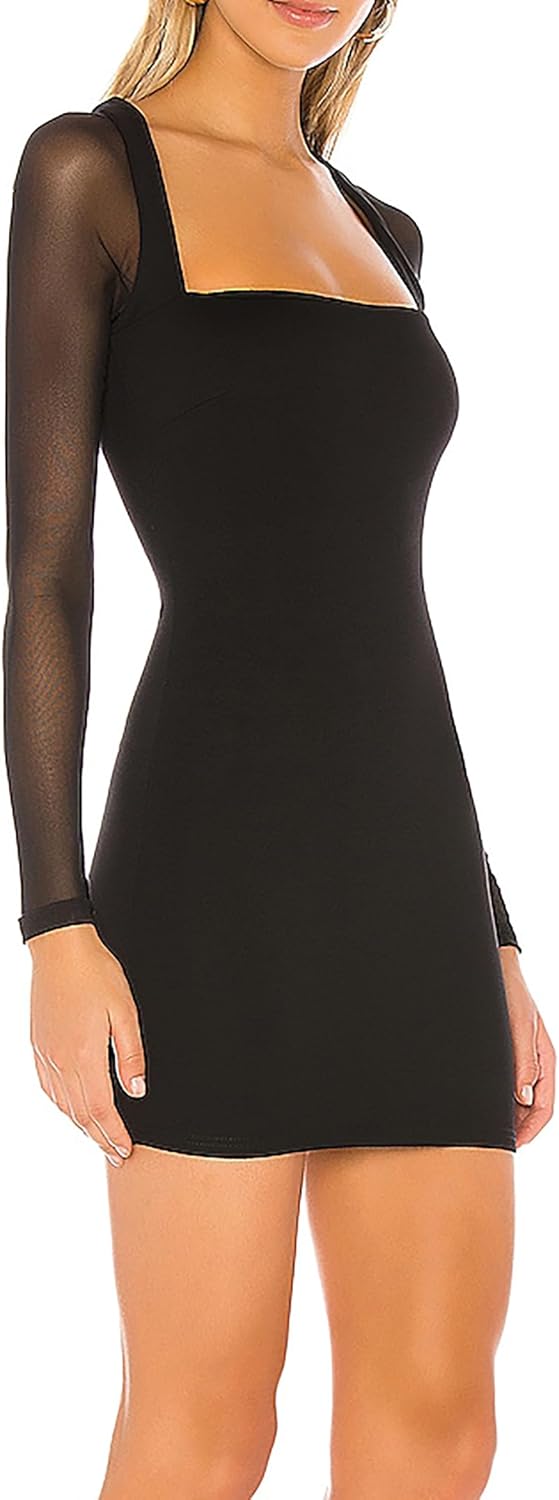 HYPERFIRE Women's Mesh Long Sleeve Square Neck Tie Back Mini Dress Cocktail Party Club Dresses Going Out - Image 6