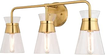 VAXCEL Harper 3-Light 23.5 inch Wide Natural Brass Gold Mid-Century Modern Bathroom Vanity Lighting Fixture, Clear Glass Shade, Dimmable, LED Compatible, Over The Mirror Mounted Metal Wall Sconce